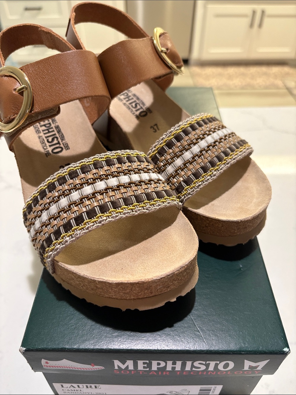 Mephisto Women's Tan Braided Strap Cork Wedge Sandals